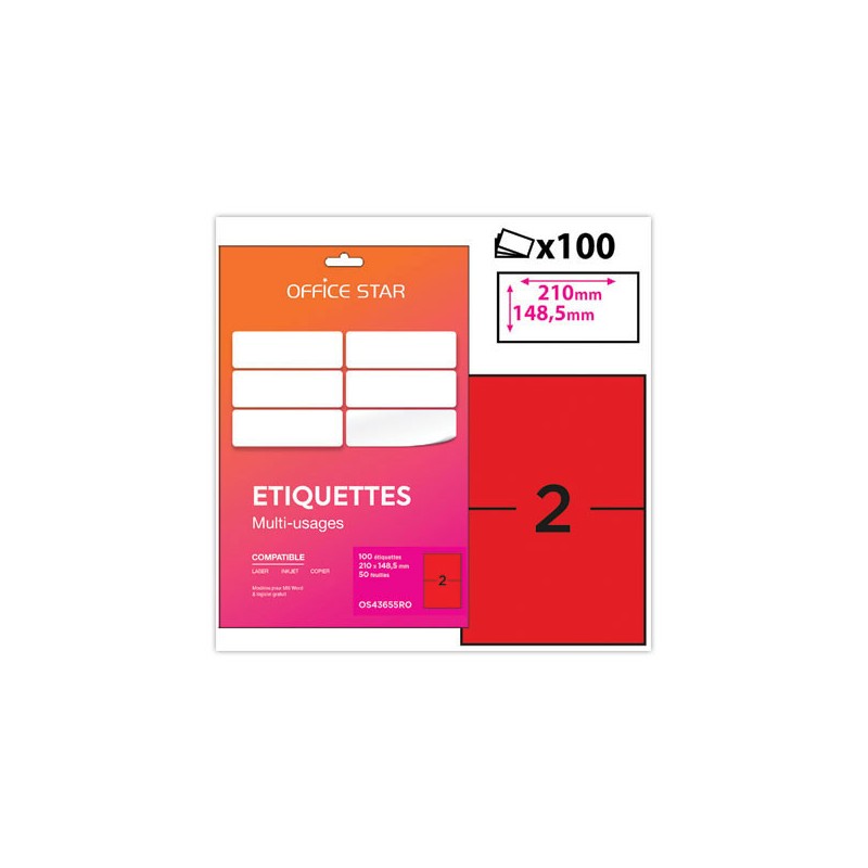 planches étiquettes L210xH148mm, 100 étiq/ boîte, rouge  - Fiducial