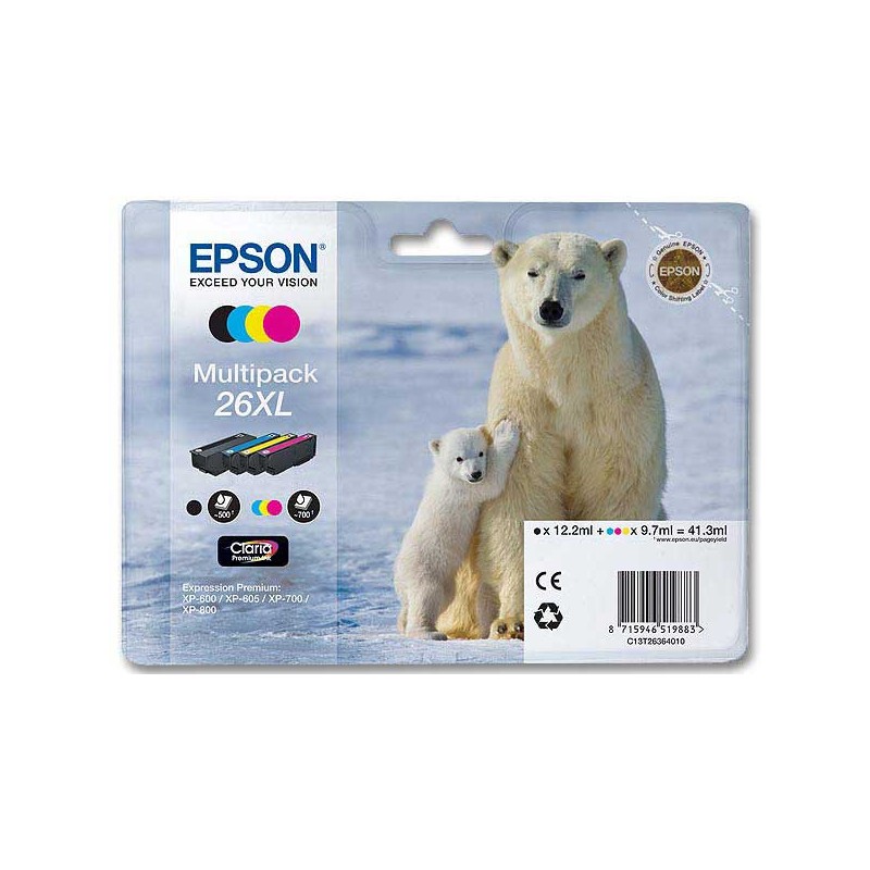 Cartouches EPSON T2636 4 couleurs noircyan magenta jaune  x4 - Fiducial