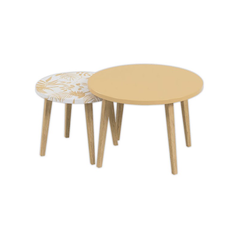 Tables basses imprimées upcyclées blanc/moutarde montées x2 - Shopdeschefs