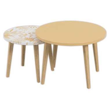 Tables basses imprimées upcyclées blanc/moutarde x2 - Shopdeschefs