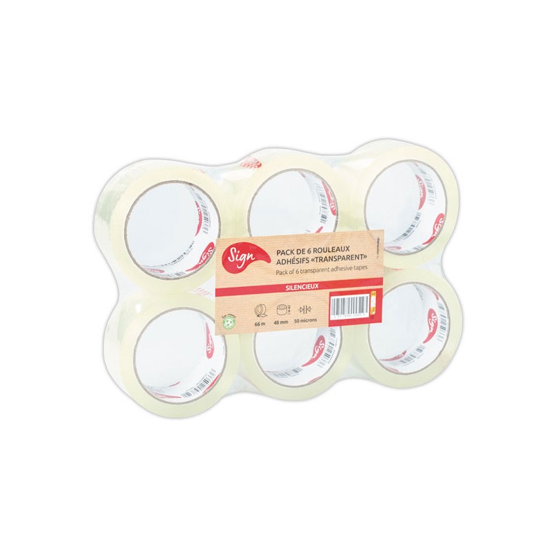 rouleaux adhésif emballage polypropylène transparent - 66m x 48mm 50 µ x6 - Sign