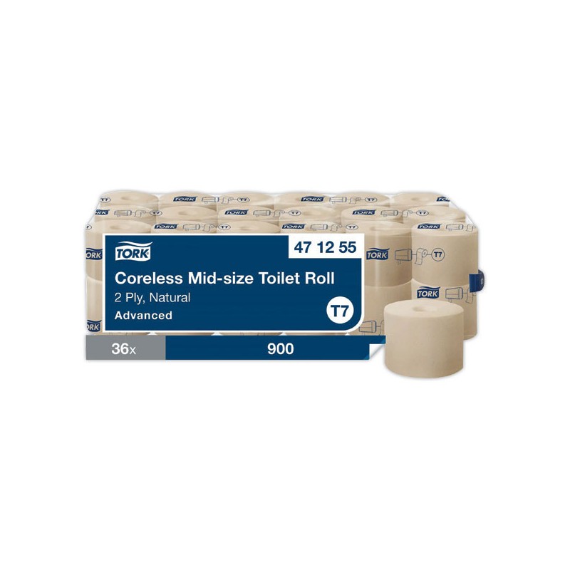 Rouleaux de papier toilette Tork Mid-Size sans Mandrin T7 naturel x36 - Tork
