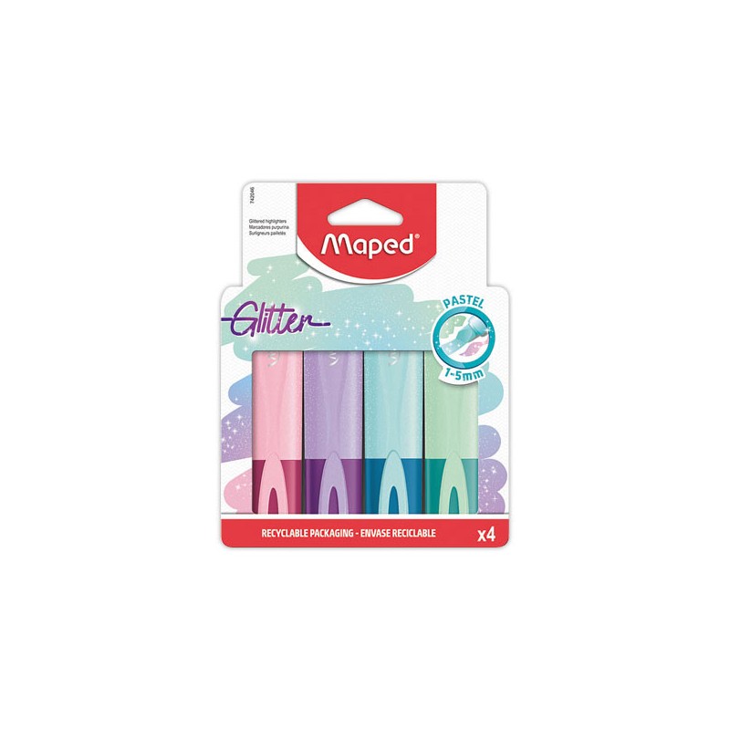 Surligneurs Glitter couleurs : vert, bleu, rose et violet x4 - Maped