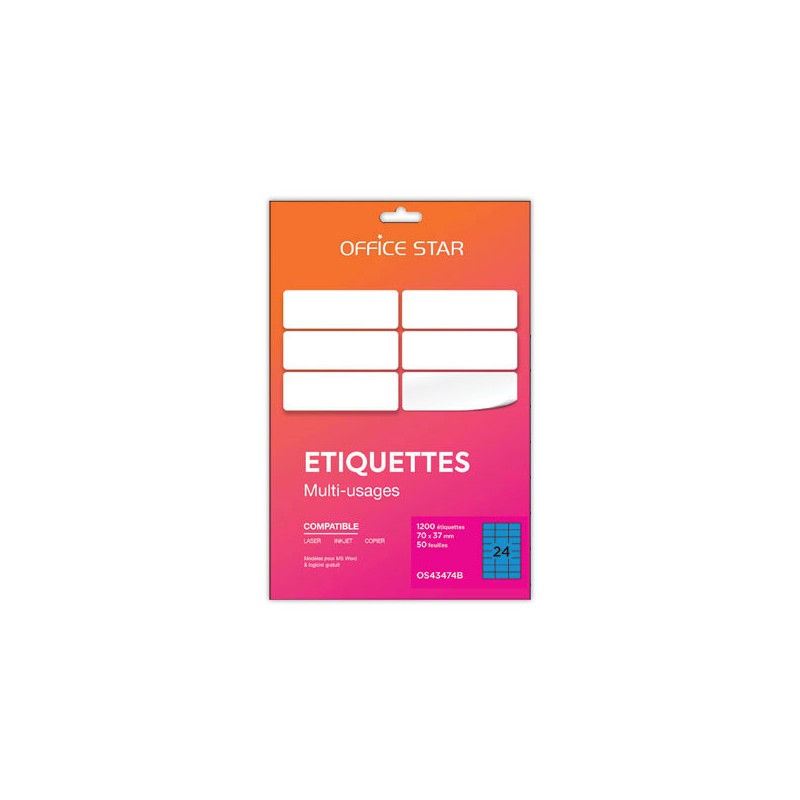 planches étiquettes L70xH37mm, 1200 étiq/ boîte, bleu x50 - Office Star