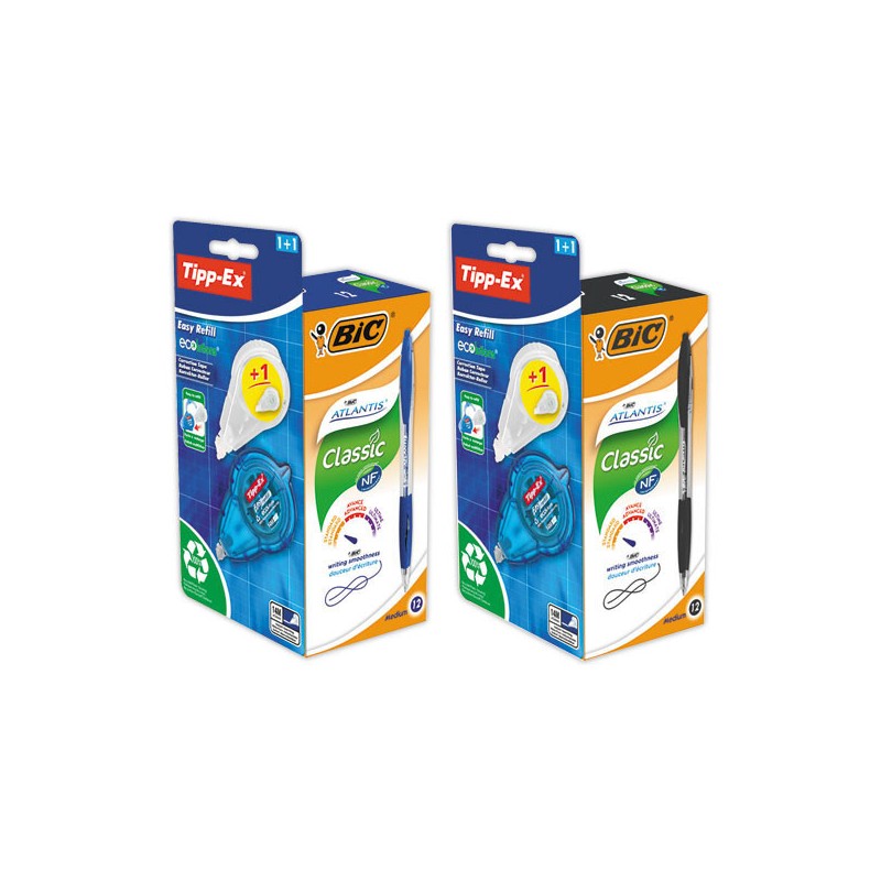 Stylos bille BIC Atlantis avec 1 correcteur Easy Refill + recharge x12 - Bic