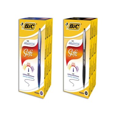 Stylos bille BIC Atlantis Soft + 1 surligneur jaune offert x12 - Bic
