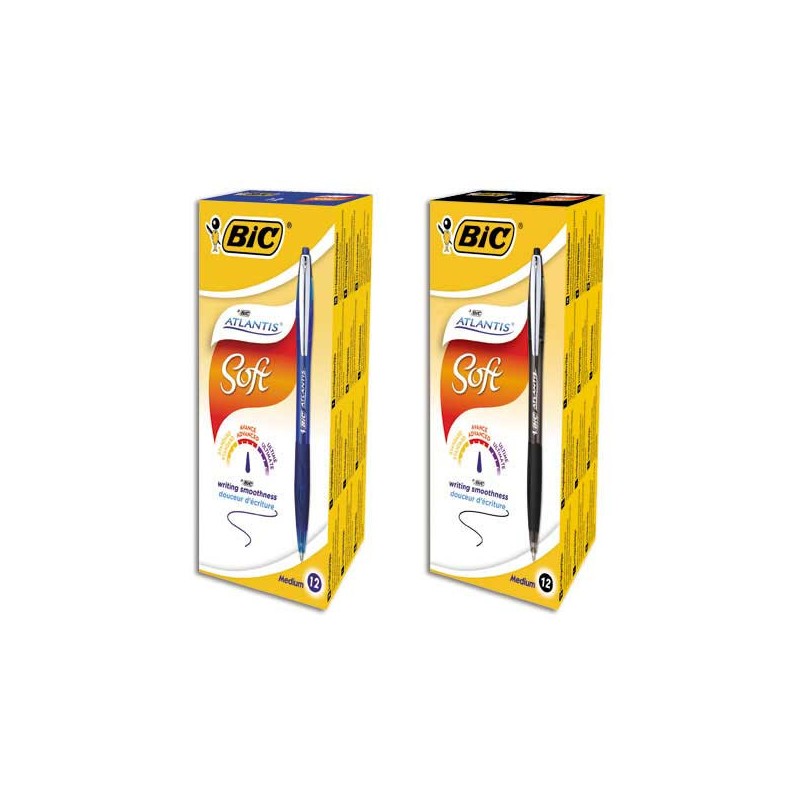 Stylos bille BIC Atlantis Soft + 1 surligneur jaune offert x12 - Bic