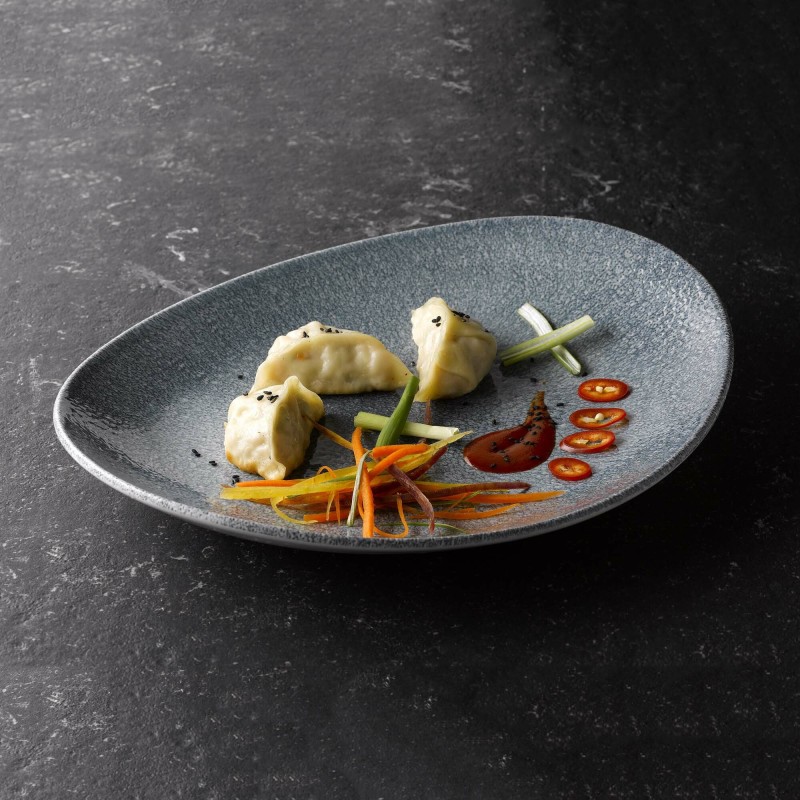 Plat oblong en céramique Raku bleu topaze 13 1/2" x 9 1/4" / 344 x 234 mm - Finedine