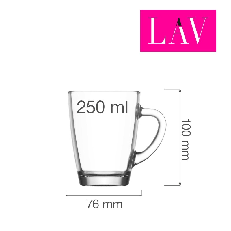 Mug à café en verre LAV Vega avec poignée, 10,25 oz 250 ml, Lot de 6 - Finedine