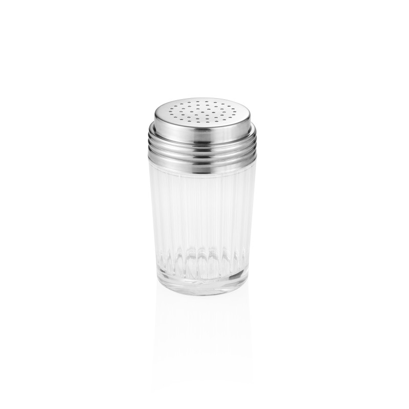 Saupoudreuse, Ø 7 cm, hauteur 11,5 cm, perforée 2 mm, verre, acier inoxydable chrome nickel 18/8 - Was Germany