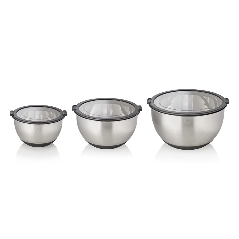 Lot bols, 3 , Ø 11/13/15 cm, 3 couvercles, fond antidérapant, acier chrome nickel, silicone - Was Germany
