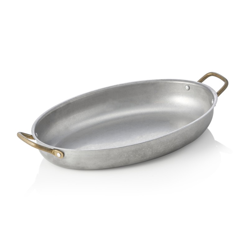Poêle à servir en acier et STYLE VINTAGE avec 2 poignées en laiton, 31 x 22 x 4,5 cm, 1,4 l, acier chrome nickel - Was Germany
