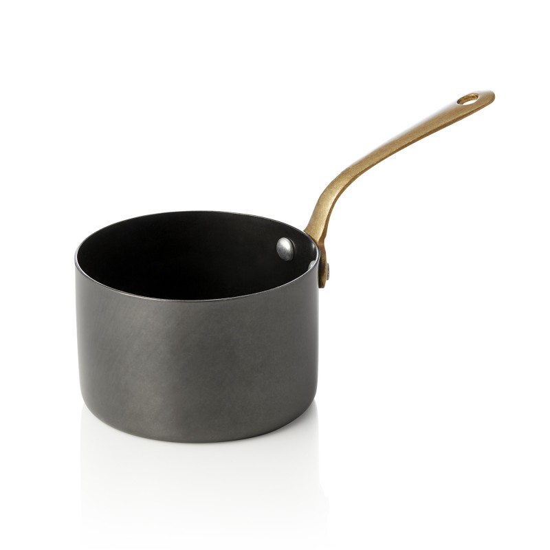 Plat de service en acier et STYLE avec poignée en laiton, 280 ml, Ø 9 cm, noir, laiton, PVD, acier chromé-nickel - Was Germany