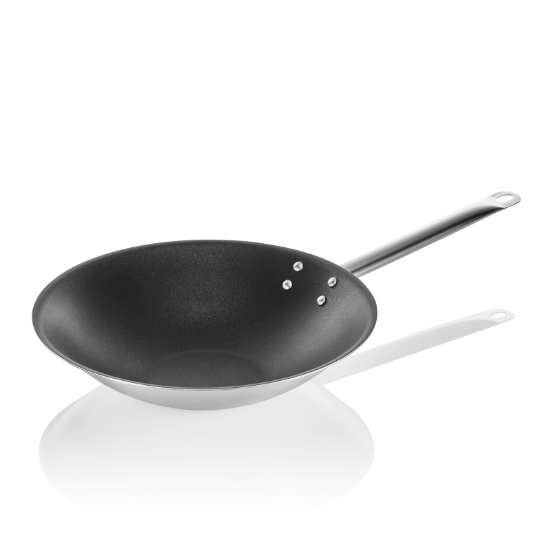 Wok COOKWARE 21, revêtement antiadhésif, base aplatie, Ø 38 cm, acier inoxydable chrome nickel 18/10 - Was Germany