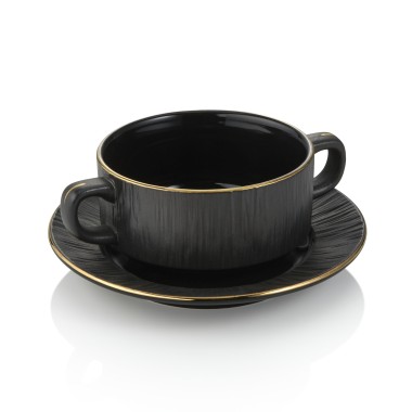 Set tasse à soupe et soucoupe MAYA KURO, Ø 10,5 cm, 250 ml, noir, Lot 4 , porcelaine - Was Germany