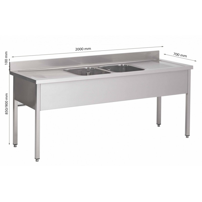 Plonge Sur Piétement Avec 2 Égouttoirs 2 Bacs L2000Xp700Xh850/900 Mm - Fabrinox