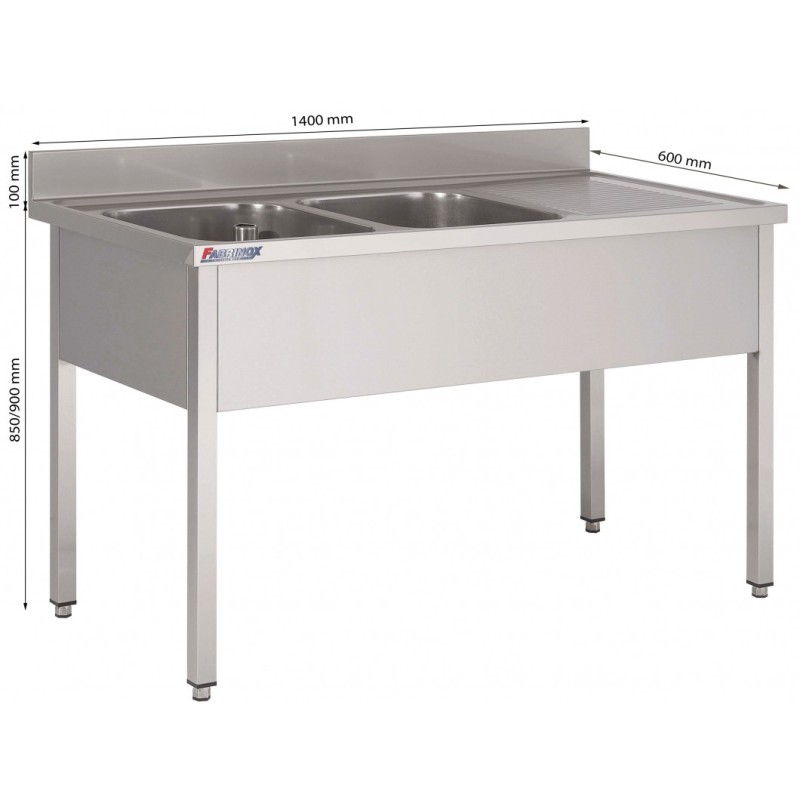 Plonge Sur Piétement Égouttoir À Droite Avec 2 Bacs L1400Xp600Xh850/900 Mm - Fabrinox