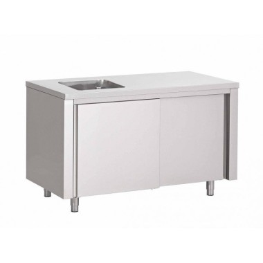 Table Armoire Inox Centrale Du Chef 1 Évier (P)600 X (H)850 Mm 2 Portes Coulissantes, Sans Dosseret, Aisi 430 - Fabrinox