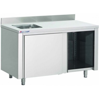 Table Armoire Inox Centrale Du Chef 1 Évier (P)800 X (H)850 Mm 2 Portes Coulissantes, Avec Dosseret, Aisi 430 - Fabrinox