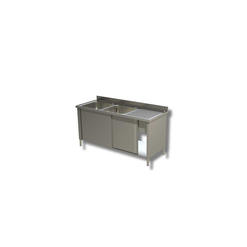 Plonge Inox sur Meuble avec Portes Coulissantes 2 Eviers à Gauche - Gamme 700 - Ristopro