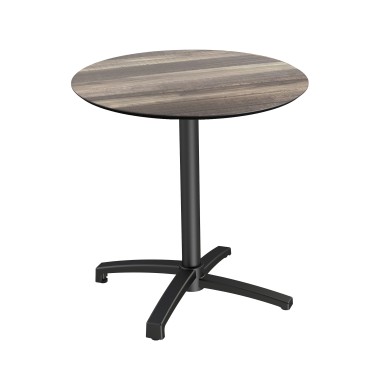 Veba - X Cross table de bistrot avec piètement noir + plateau rond HPL Tropical Wood
