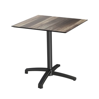 Veba - X Cross table de bistrot avec piètement noir + plateau carré HPL Tropical Wood
