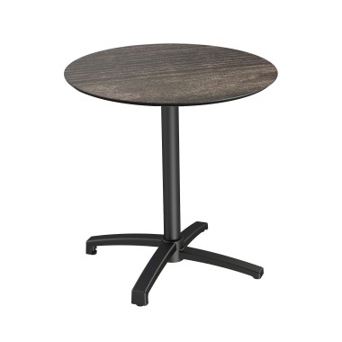 Veba - X Cross table de bistrot avec piètement noir + plateau rond HPL Riverwashed Wood