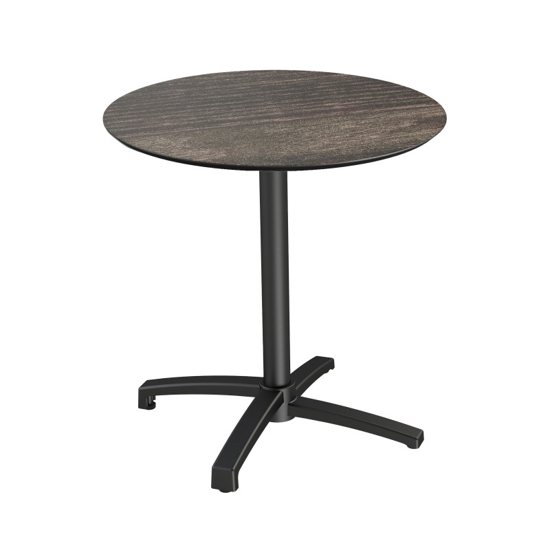 Veba - X Cross table de bistrot avec piètement noir + plateau rond HPL Riverwashed Wood