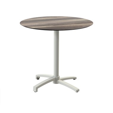 Veba - X Cross table de bistrot avec piètement sable + plateau rond HPL Tropical Wood