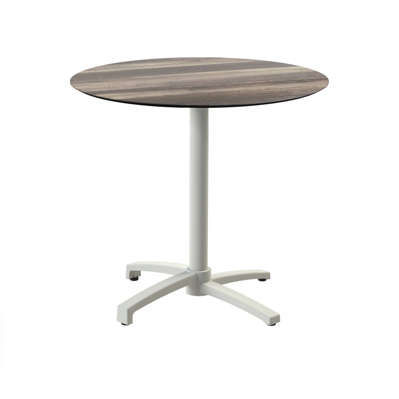 Veba - X Cross table de bistrot avec piètement sable + plateau rond HPL Tropical Wood