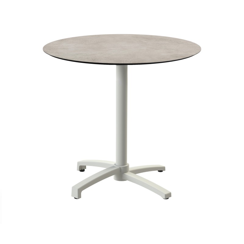 Veba - X Cross table de bistrot avec piètement sable + plateau rond HPL Moonstone