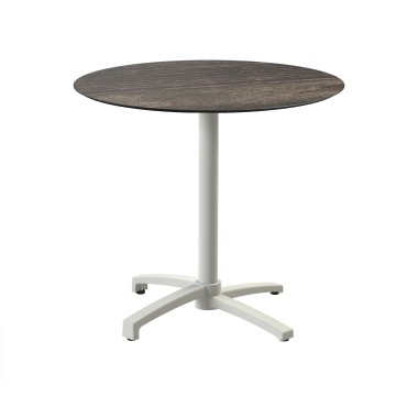 Veba - X Cross table de bistrot avec piètement sable + plateau rond HPL Riverwashed Wood