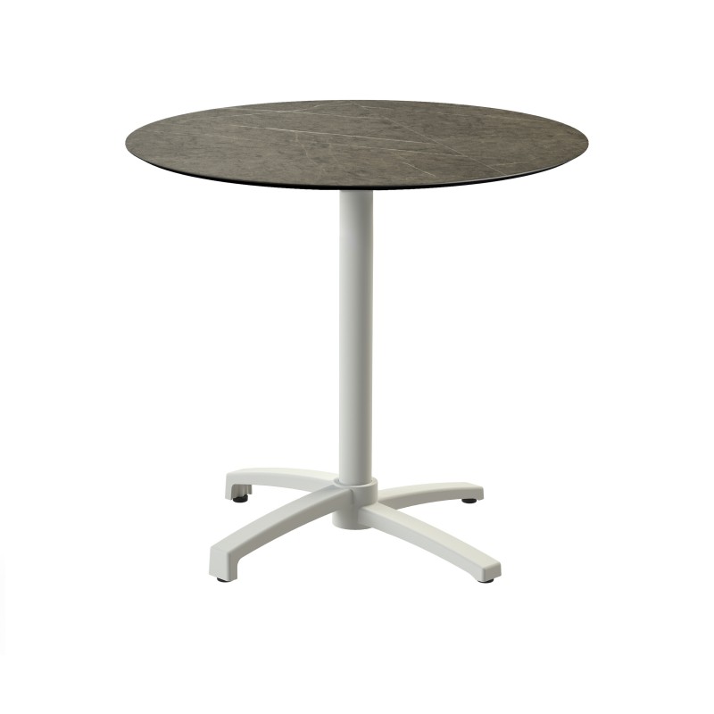 Veba - X Cross table de bistrot avec piètement sable + plateau  rond HPL Midnight Marble