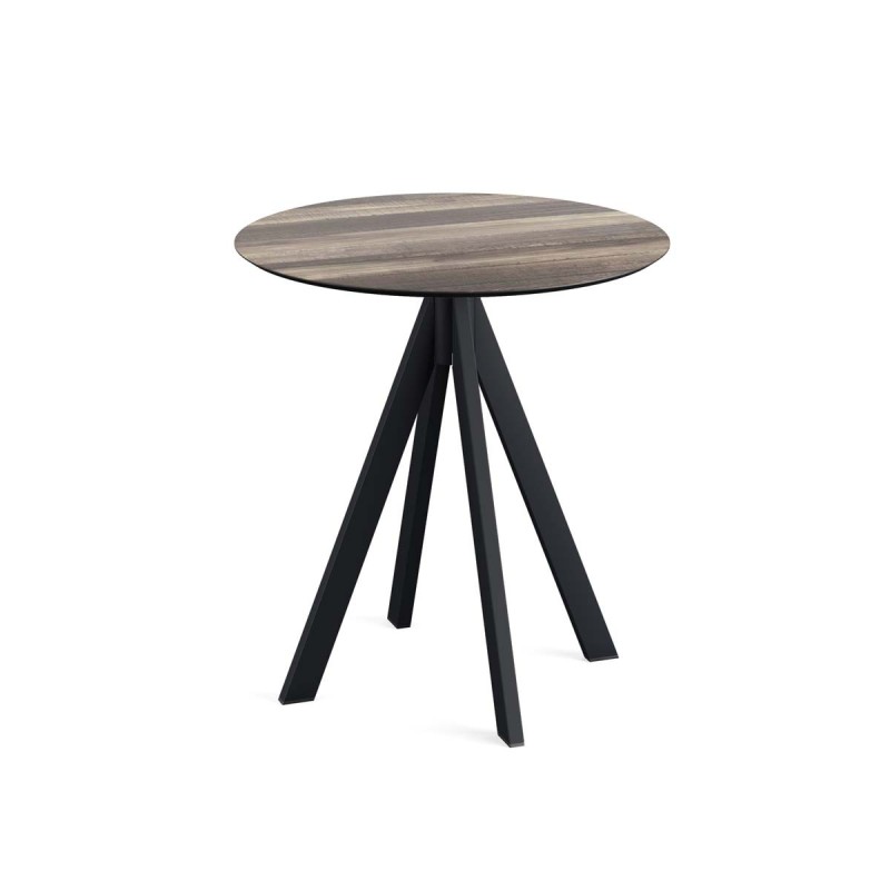 Veba - Infinity table de bistrot avec piètement noir + plateau rond HPL Tropical Wood