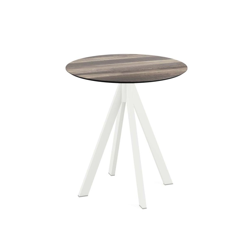 Veba - Infinity table de bistrot avec piètement blanc + plateau rond HPL Tropical Wood