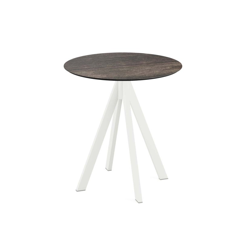 Veba - Infinity table de bistrot avec piètement blanc + plateau rond HPL Riverwashed Wood
