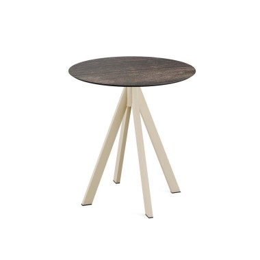 Veba - Infinity table de bistrot avec piètement sable + plateau rond HPL Riverwashed Wood