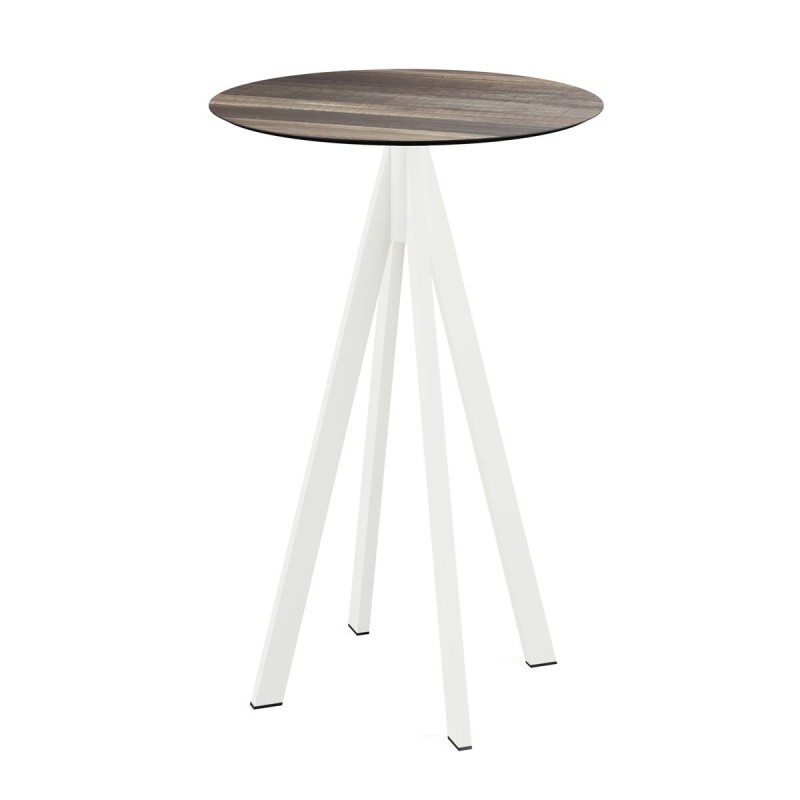 Veba - Infinity mange-debout avec piètement blanc + plateau HPL rond Tropical Wood