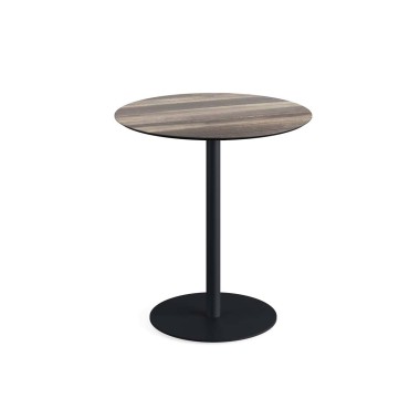 Veba - Urban table de bistrot avec piètement noir + plateau rond HPL Tropical Wood