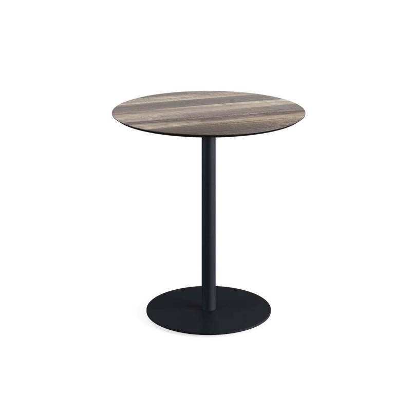 Veba - Urban table de bistrot avec piètement noir + plateau rond HPL Tropical Wood