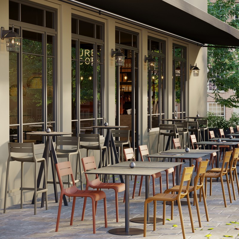 Veba - Urban table de bistrot avec piètement noir + plateau HPL rond Riverwashed Wood
