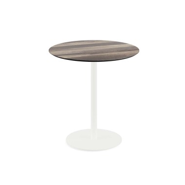Veba - Urban table de bistrot avec piètement blanc + plateau rond HPL Tropical Wood