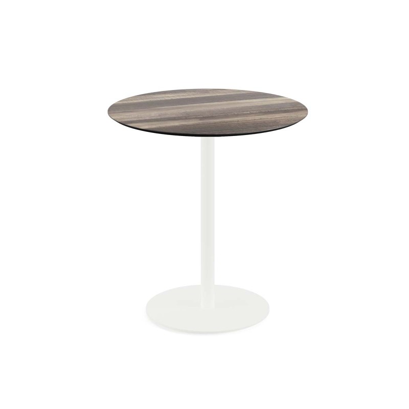 Veba - Urban table de bistrot avec piètement blanc + plateau rond HPL Tropical Wood