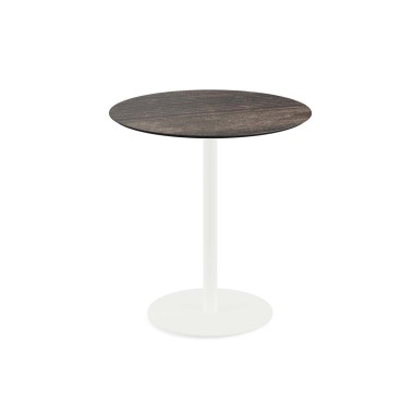 Veba - Urban table de bistrot avec piètement blanc + plateau rond HPL Riverwashed Wood