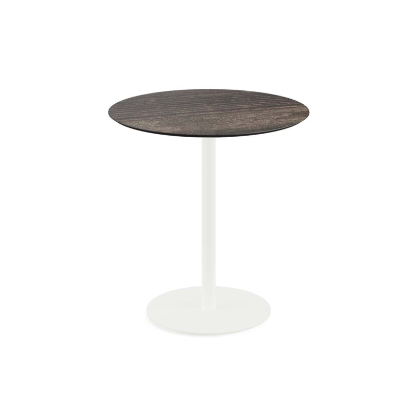 Veba - Urban table de bistrot avec piètement blanc + plateau rond HPL Riverwashed Wood