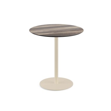 Veba - Urban table de bistrot avec piètement sable + plateau rond HPL Tropical Wood