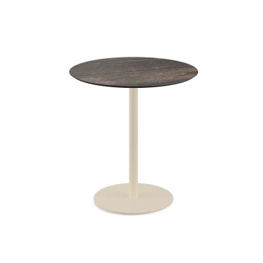 Veba - Urban table de bistrot avec piètement sable + plateau rond HPL Riverwashed Wood