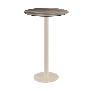 Veba - Urban mange-debout avec piètement sable + plateau rond HPL Tropical Wood HPL