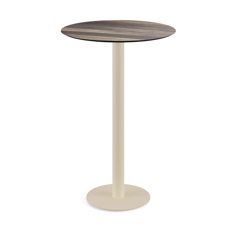 Veba - Urban mange-debout avec piètement sable + plateau rond HPL Tropical Wood HPL