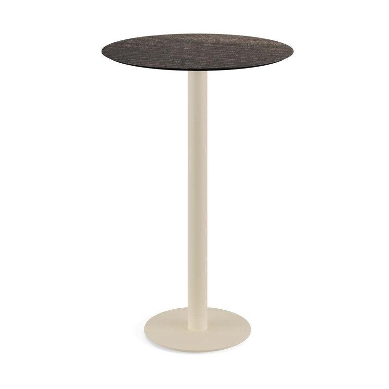 Veba - Urban mange-debout avec piètement sable + plateau rond HPL Riverwashed Wood